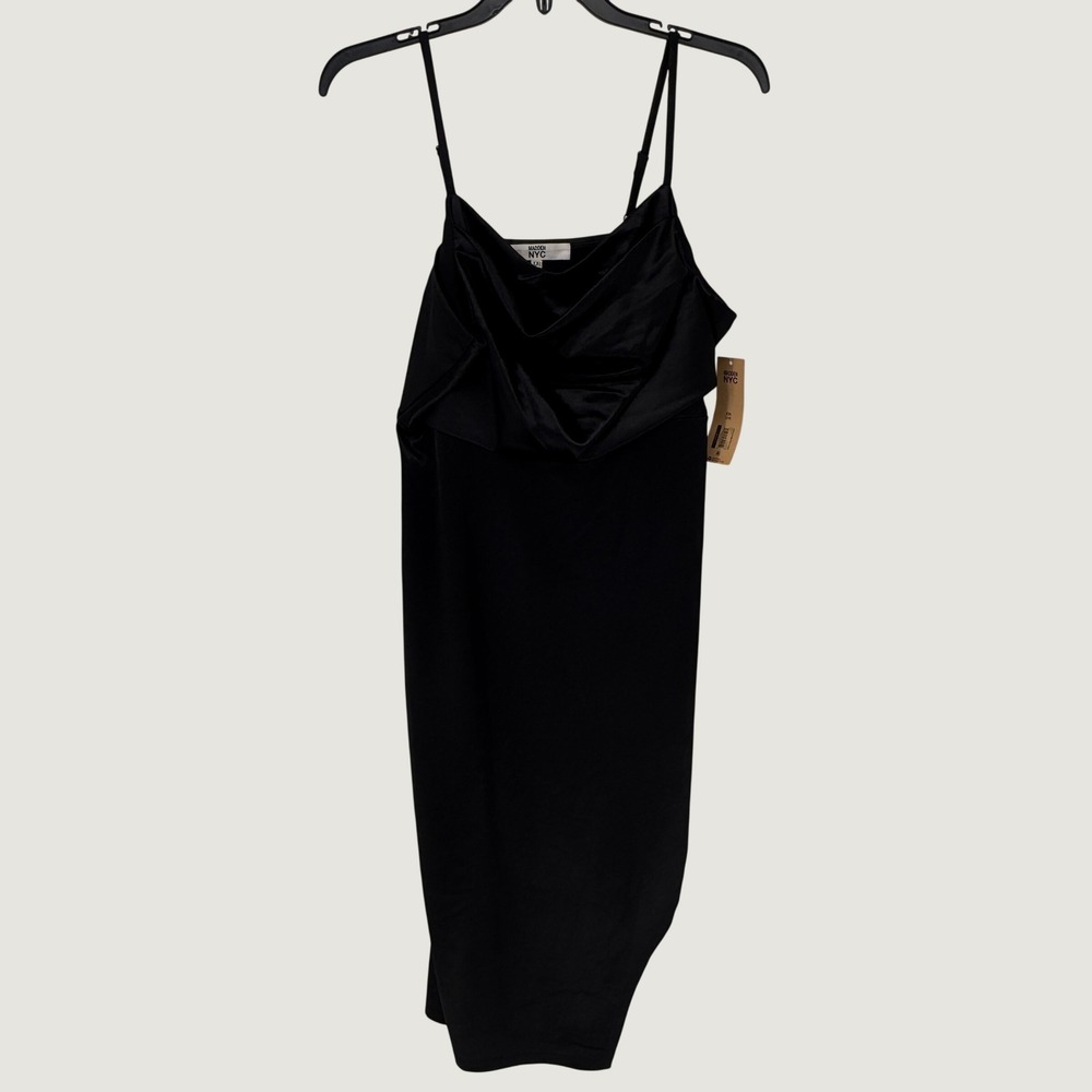 Madden NYC Satin Asymmetrical Dress Womens XXL Black New Cowl Neck Midi Draped